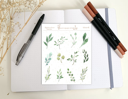 Watercolor green leaves sticker sheets