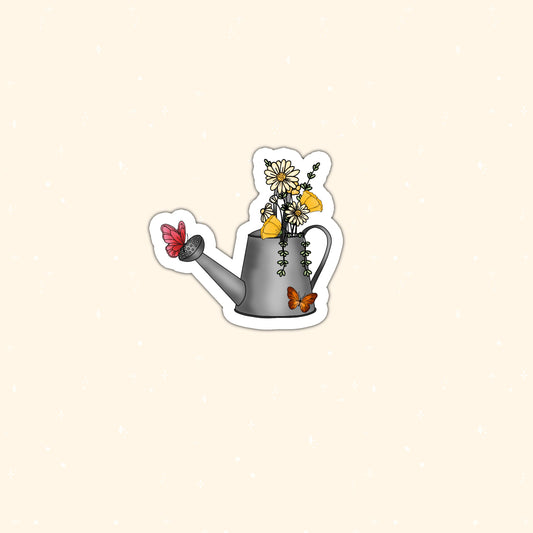 Aesthetic watering can with flowers die cut sticker